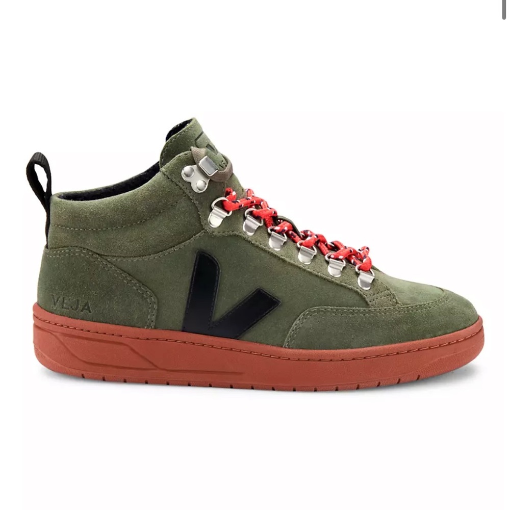 Veja Olive Green Suede Ankle Boots with Red-Brown Sole